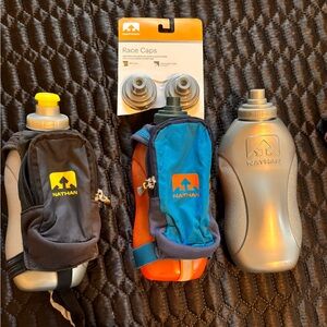 3 16 oz Nathan hydration bottles and two new caps